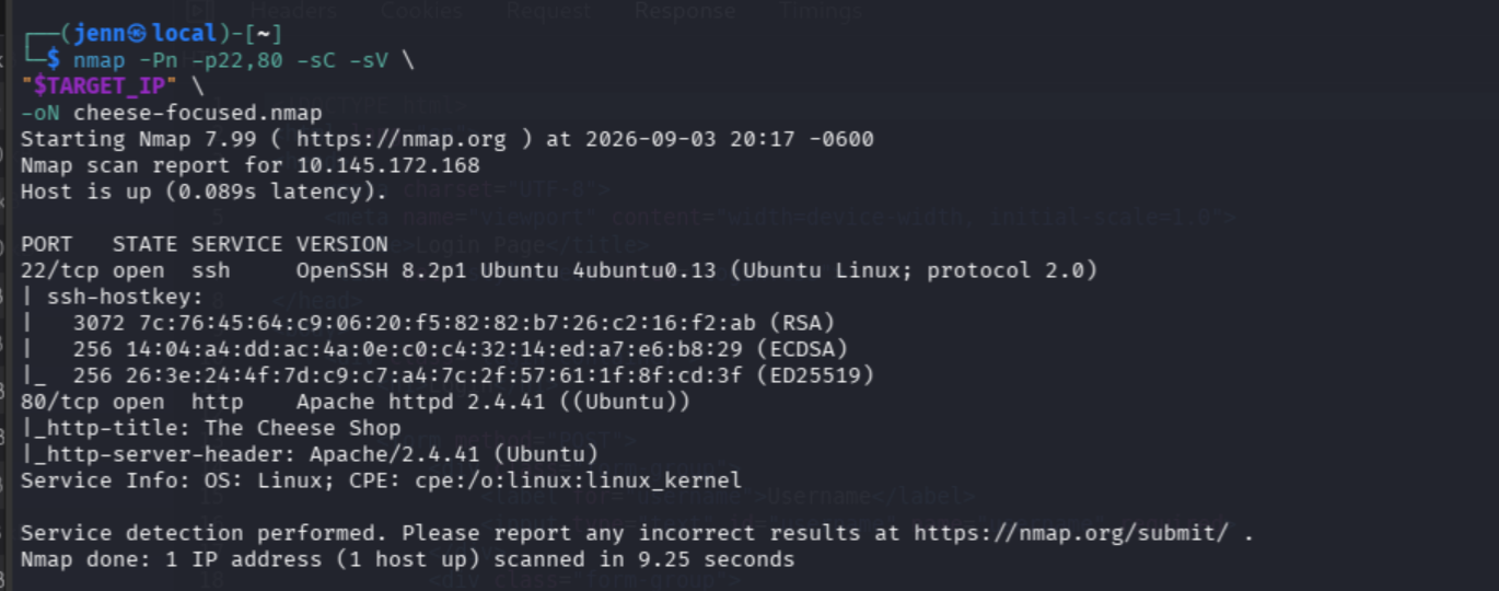 Focused Nmap scan showing SSH on Port 22 and Apache on Port 80